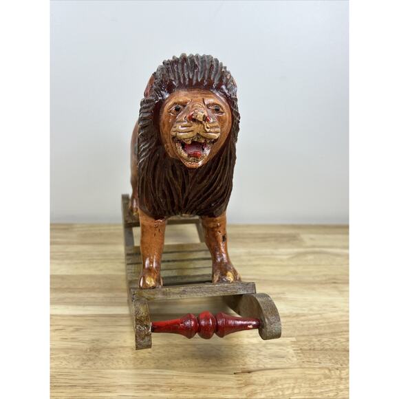 Vintage Hand Carved Folk Art Wooden Rocking Lion 13”x 10” Hand Painted - Picture 2 of 10